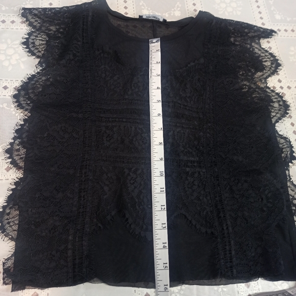 ZARA Black Sheer Lace see through  Blouse Ruffled Scalloped Sleeveless  Size S - Picture 14 of 15